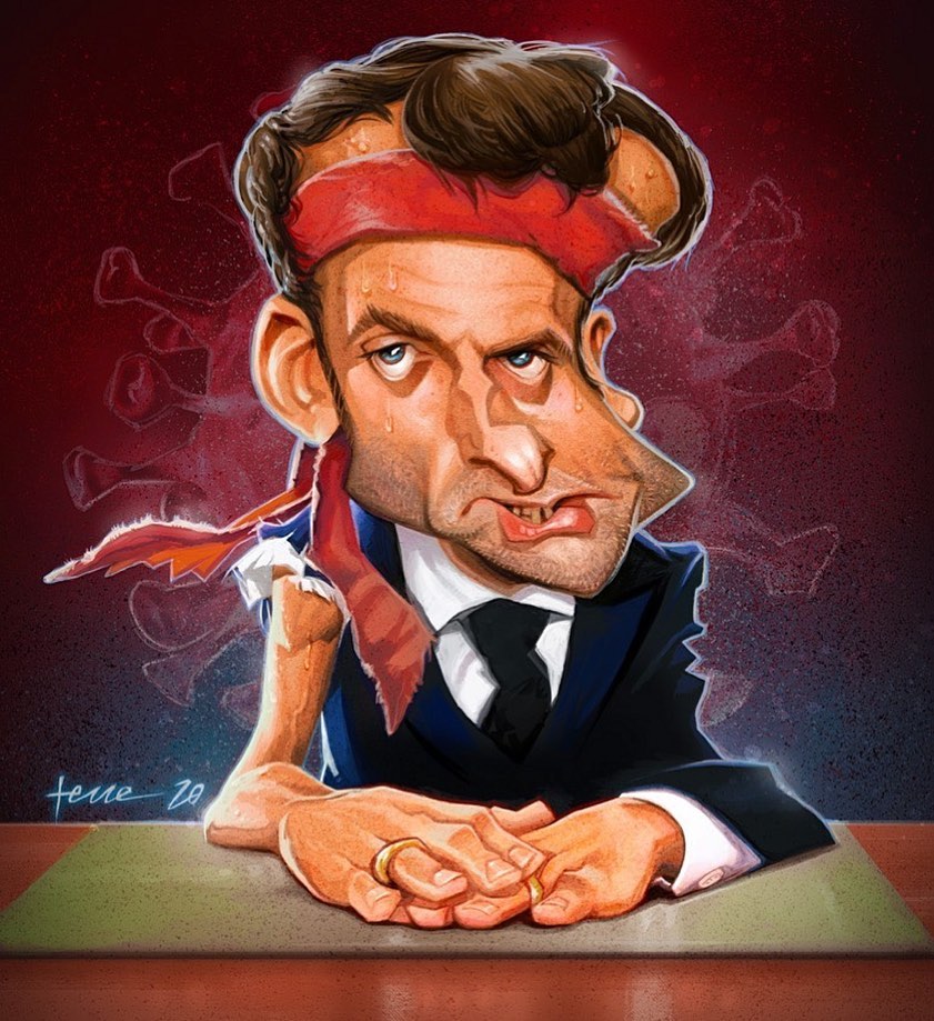 Funny portrait of Macron being super tired at the table